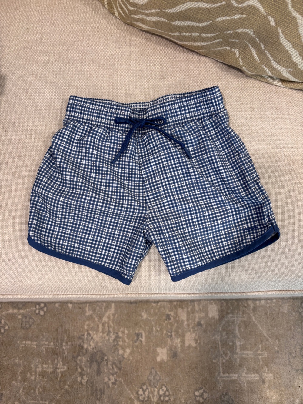 Boys Minnow Navy Gingham Swim Trunks with Drawstring